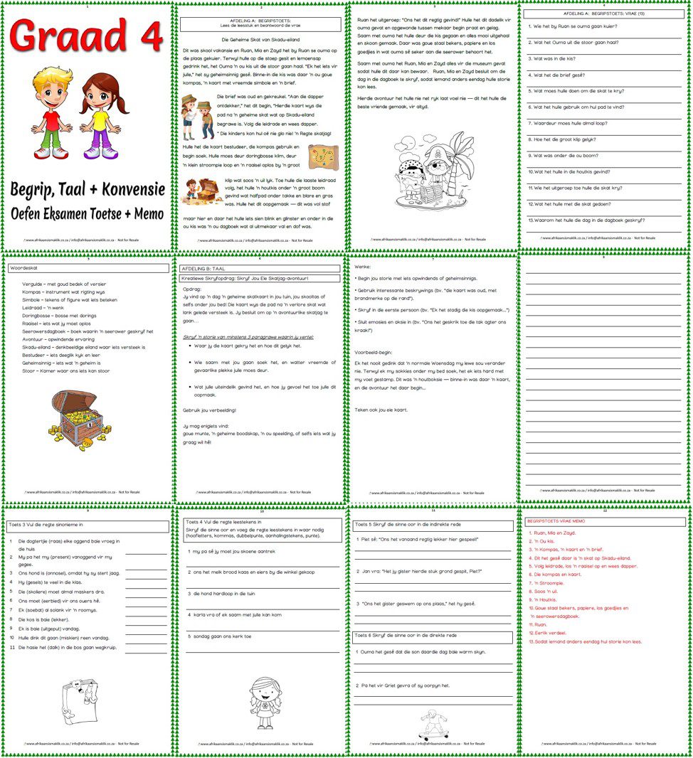 Graad 4 - PDF - Begrip, Taal, Konvensie Oefen Eksamen Die Skatkis & 6 Toetse + Memo - Image 2