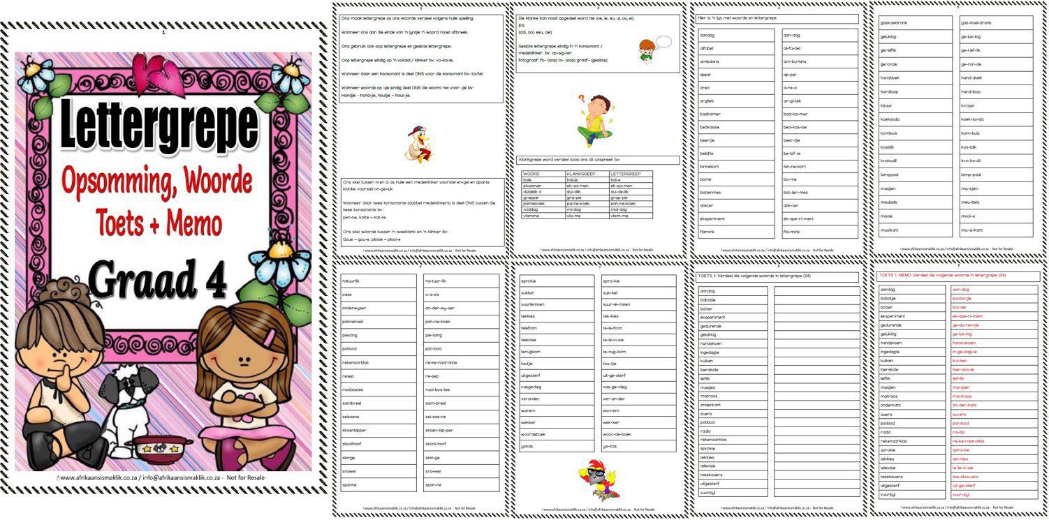 Graad 4 Lettergrepe – Opsomming + Woorde + Toets + Memo - Image 2