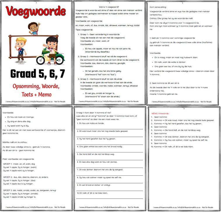 Graad 5 6 7 Voegwoorde Opsomming Woorde Toets Memo