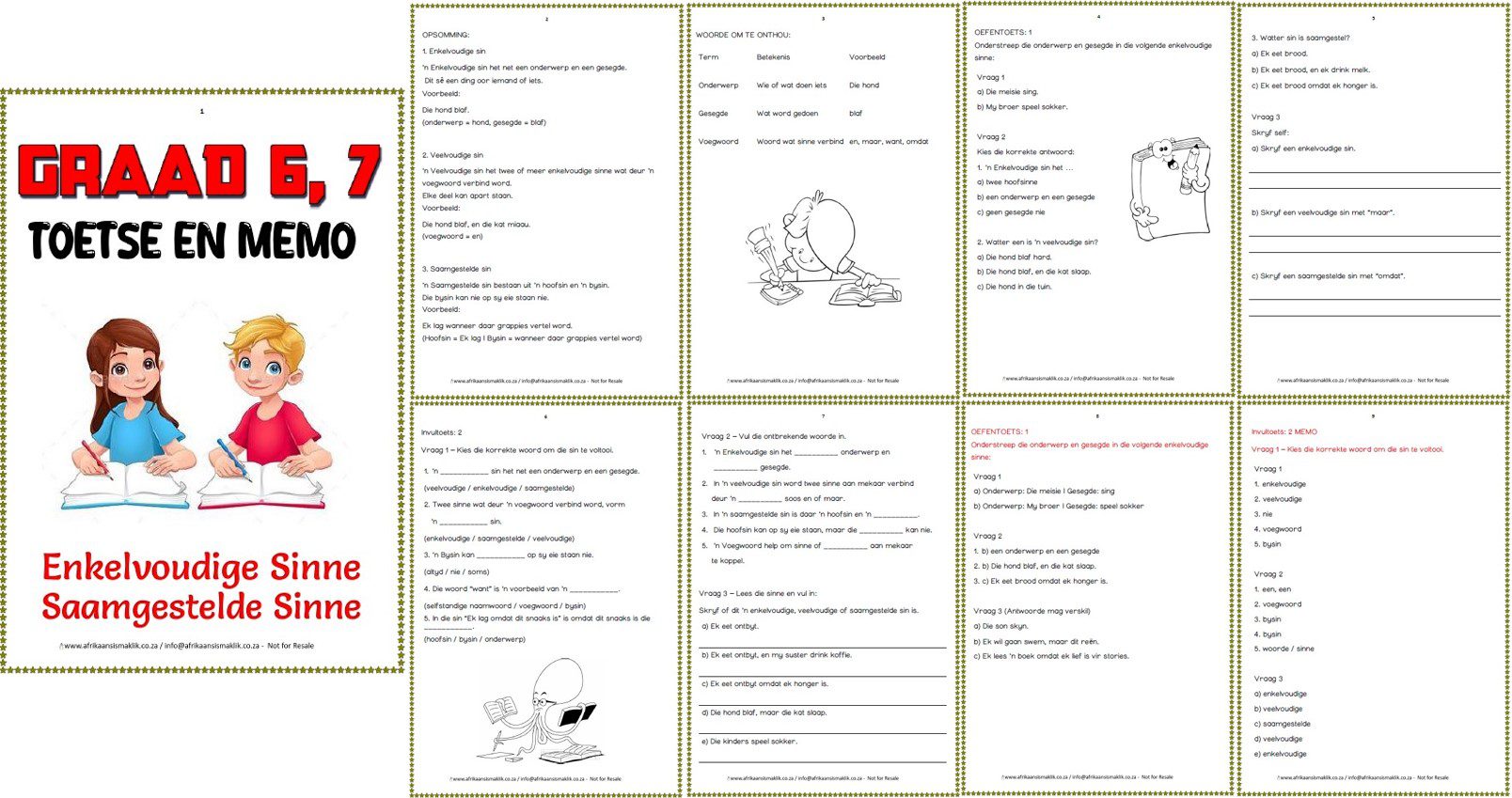Graad 6,7 Enkelvoudige Sinne + Saamgestelde Sinne + Toetse + Memo